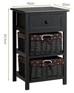 lot 231 image: Costway Lightweight Wooden 3-Tier Nightstand with Drawer and 2 Baskets, Bedside or Sofa Organizer Black (Slightly Used, Transit Damage)