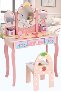 lot 289 image: MAT EXPERT Kids Vanity, Strawberry Princess Toddler Vanity, Makeup Dressing Table wTri-Folding Oval Mirror, 3 Drawers, Accessories & Detachable Top, Girls Vanity with Mirror and Stool