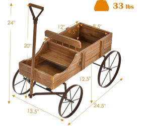 lot 485 image: HAPPYGRILL Wooden Wagon Planter, 24.5 x 13.5 x 24 Decorative Garden Planter w 2 Planting Sections, Wheels, Handle, Small Decorated Cart, Flower Planter Box for Indoor Outdoor Patio (Brown)