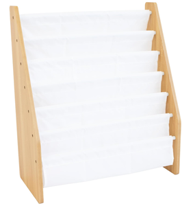 lot 398 image: Humble Crew Kids Bookshelf 6-Tier Book Rack Organizer, Extra Large Toddler Bookcase with Fabric Storage Pockets, Front-Facing Display for Childrens Books, WhiteNatural Wood, NurseryPlayroom Storage (Missing Hardware & Instructions)