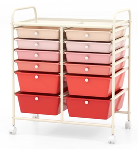 lot 473 image: Costway Plastic 12 Drawers Rolling Cart Mutlicolor Studio Organizer Bins Pink
