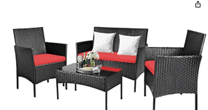 lot 49 image: COSTWAY 4 Pieces Patio Rattan Furniture Set, Outdoor Rattan Conversation Set with Tempered Glass Coffee Table, Cushioned Sofa Red (Missing parts or pieces, Missing hardware)