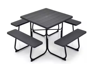 lot 260 image: Clihome 5-Piece Black Metal Outdoor Dining Picnic Table Set with 4 Benches and Umbrella Hole