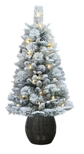 lot 388 image: Holiday Time 3.5 Pre-Lit Dakota Green Flocked Artificial Potted Christmas Tree with 35 Warm White LED Lights, by Holiday Time