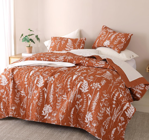 lot 156 image: JANZAA Quilts Queen Size Floral Bed Spread Terracotta Quilts Queen Size with Botanical Pattern Burnt Orange Microfiber Bedding Set Lightweight Farmhouse (2 Pillow Cases)