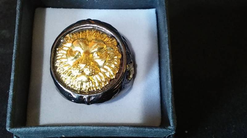 lot 294 image: Charcoal Grey Colored Metal Ring with Lion Head Design.