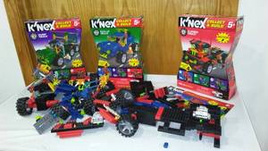 lot 216 image: KNex (4 sets). There are 4 complete sets with instructions (missing blue box, parts and instructions are complete). The Four sets combined make an entirely other set.