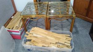 lot 199 image: Vintage Boca Rattan Tables (2) and Wood Wall Accent.