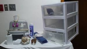 lot 274 image: Step Stool and Sterilite 3 Drawer Organizer with Contents.