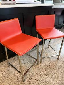lot 7 image: Pair of Modern Red Bar Stools with Chrome Legs