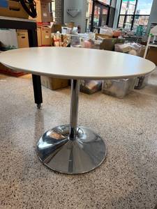 lot 8 image: Round White Table with Chrome Pedestal Base 35.5in W x 29in H