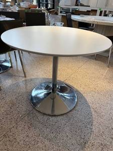 lot 10 image: Modern Round White Table with Chrome Base 35.5 inch Width