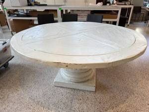 lot 13 image: Large Round White Pedestal Dining Table with Column Base, 65 Inch Diameter
