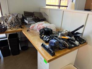 lot 155 image: Office Supplies Lot Including Desk Lamps, Tape Dispensers, Staplers, Organizers, and Trash Bins