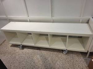 lot 26 image: White Storage Cubby Shelf on Casters with 4 Compartments