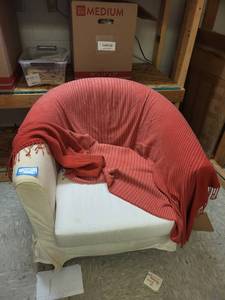 lot 71 image: White Barrel Armchair with Red Striped Throw Blanket