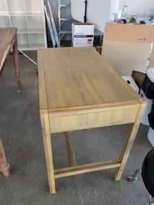 lot 102 image: Wood Writing Desk with Drawer and Metal Ring Pulls