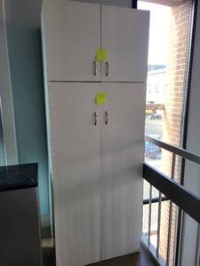 lot 108 image: Tall White Storage Cabinet with Shelves and Pull-Out Drawers