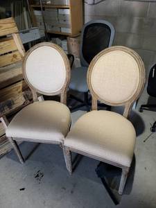lot 117 image: Set of 5 Distressed Upholstered Side Chairs with Carved Wood Frame