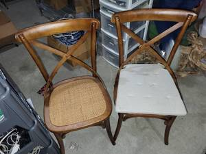 lot 120 image: Pair of Cross Back Wooden Dining Chairs with Woven Seats