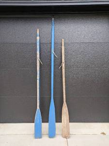 lot 11 image: Set of 3 Vintage Wooden Oars with Blue Paint