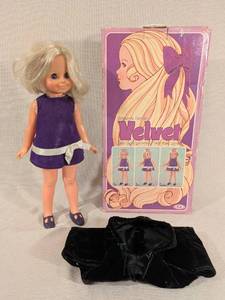lot 19 image: Ideal Velvet Doll with Original Box, Purple Outfit, and Hooded Cape