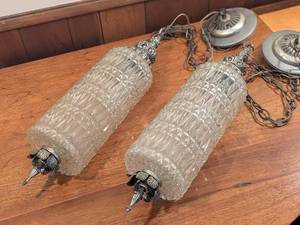 lot 21 image: Pair of Vintage Hanging Glass Light Fixtures with Ornate Metal Details