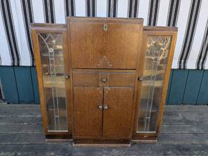 lot 37 image: Vintage Secretary Desk and Bookcase with Leaded Glass Doors