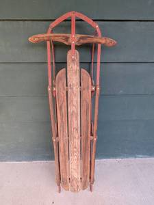 lot 38 image: Vintage Wooden Snow Sled with Red Metal Runners