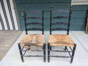 lot 59 image: Pair of Vintage Ladder Back Chairs with Rush Seats