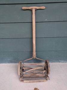 lot 61 image: Vintage Push Reel Lawn Mower with Wooden Handle, 2 Pieces