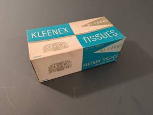 lot 115 image: Unopened 1938 Kleenex Hi-Count Tissue Box Space Saver Aqua Design