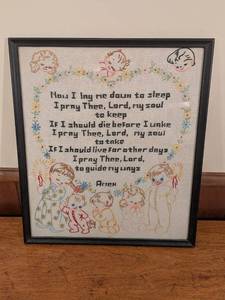 lot 119 image: Framed Vintage Needlepoint Prayer Sampler with Children Motif