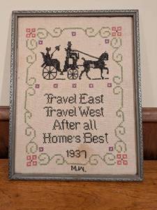 lot 120 image: Framed Vintage Linen Colonial Travel Sampler 1937