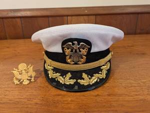 lot 132 image: US Navy Officers Dress Cap by Bancroft with Cap Device - Size 7 14