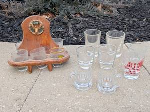 lot 140 image: Assorted Vintage Shot Glass Collection with Wooden Deer Stand