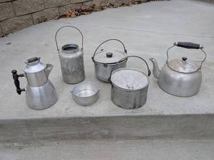 lot 141 image: Collection of Vintage Aluminum Camping Cookware and Kettles