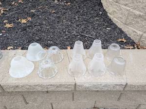 lot 165 image: Collection of 10 Vintage Frosted and Clear Pressed Glass Lamp Shades