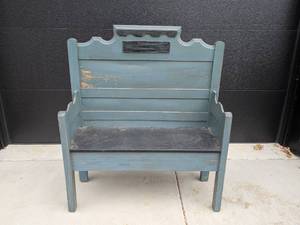 lot 173 image: Antique Wooden Bench with High Back and Padded Seat