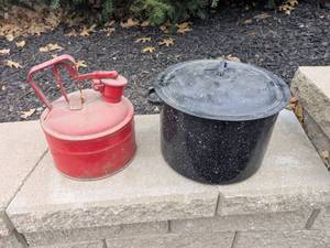lot 210 image: Protectoseal Red Safety Can and Black Enamel Stock Pot with Lid