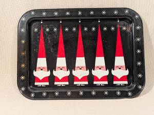 lot 233 image: Vintage Metal Holiday Tray with Santa Design 14x10 Inches
