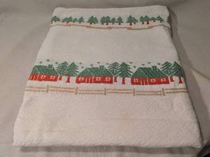 lot 236 image: Vintage Bates Christmas Bedspread with Red Cabin and Pine Tree Design