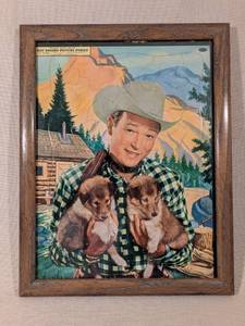 lot 239 image: Framed Roy Rogers Picture Puzzle with Puppies - Vintage Wall Art