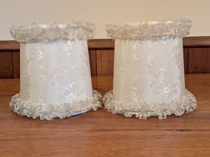 lot 276 image: Pair of Vintage White Lampshades with Lace Trim and Floral Pattern