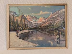 lot 282 image: Framed Vintage Mountain Fishing Landscape Print 14x11 Inches