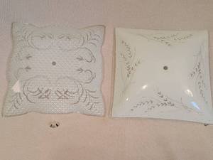 lot 300 image: Pair of Square Vintage Glass Ceiling Light Covers with One Metal Knob