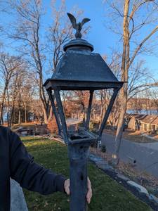 lot 315 image: Vintage Outdoor Light Post with Eagle Finial, Original Glass Panels and Socket