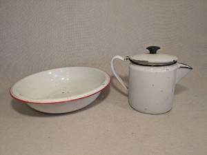 lot 322 image: Vintage Enamelware Coffee Pot and Shallow Bowl Set White with Red Trim