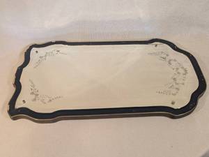 lot 329 image: Vintage Beveled Glass Wall Mirror with Etched Floral Design and Black Wood Frame