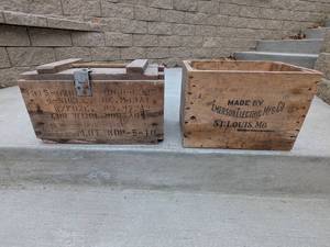 lot 155 image: Vintage Wood Artillery Mortar Box and Emerson Electric St. Louis MO Box